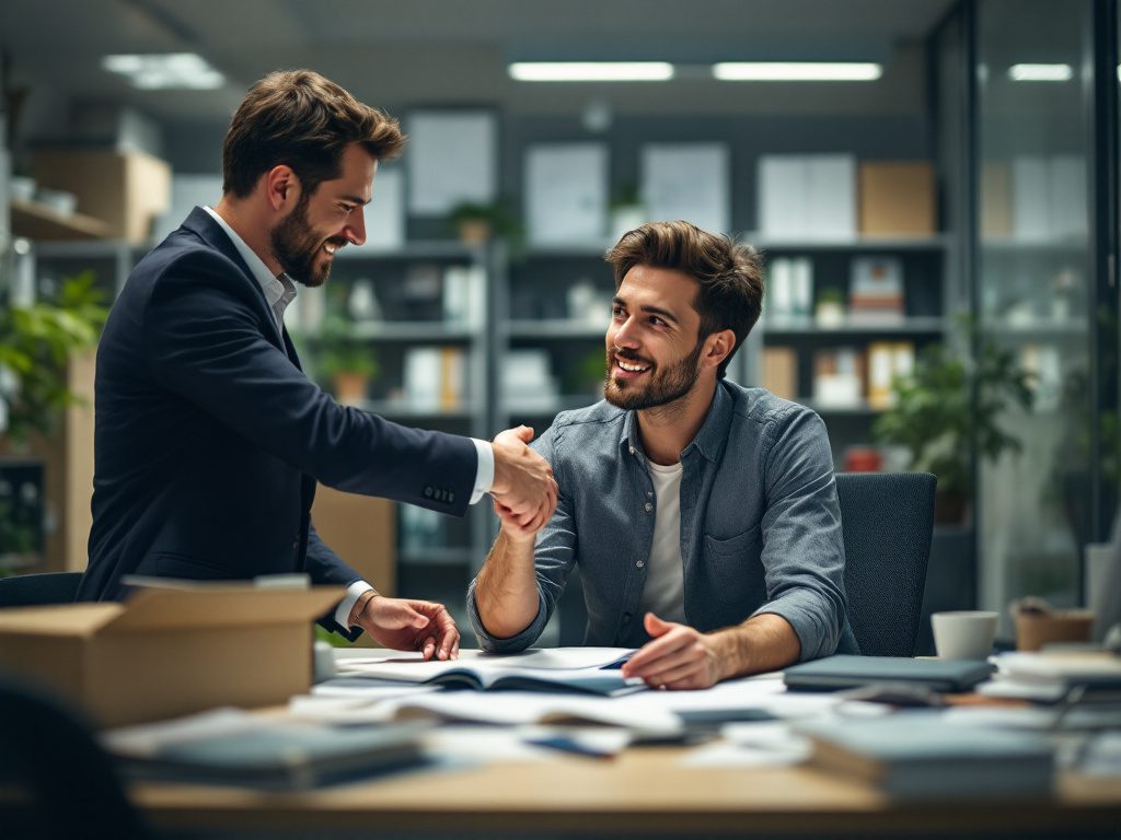 A person in a mailroom receiving a promotion to an executive